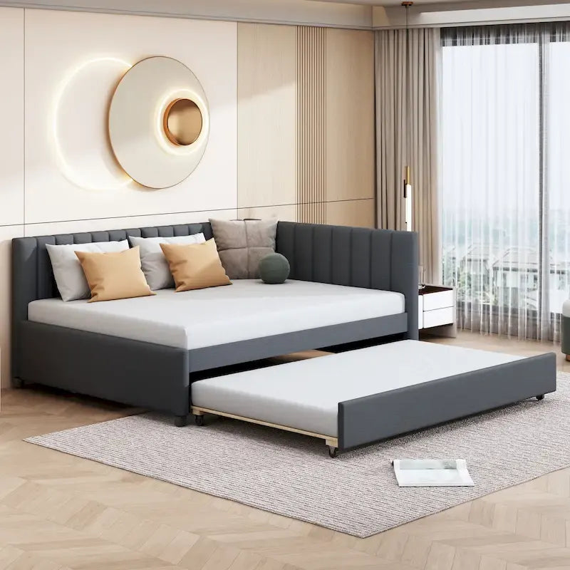 Lit de repos double en lin gris avec lit gigogne