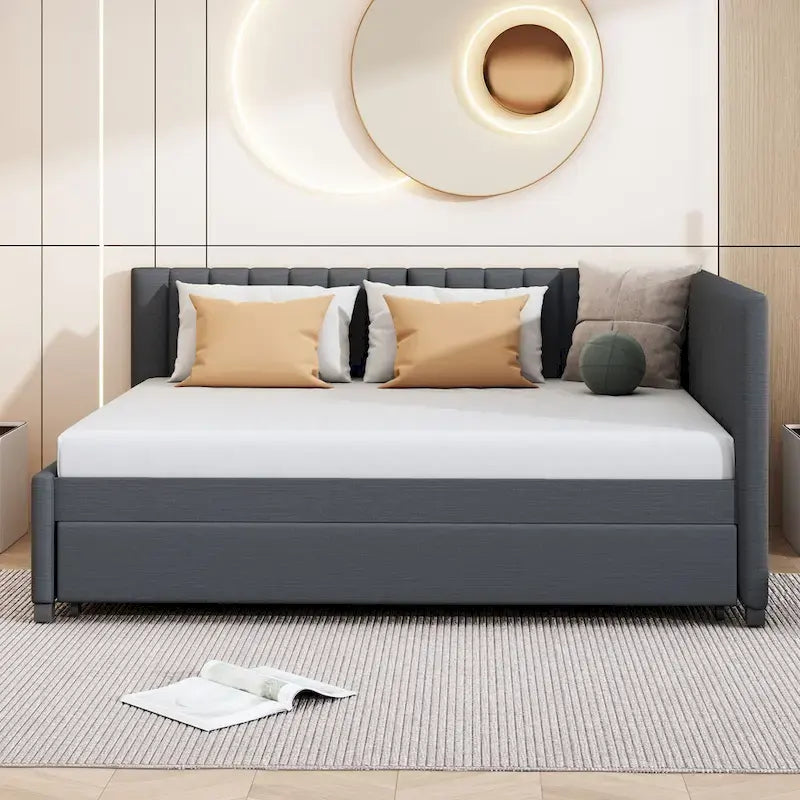 Gray Full Size Linen Upholstered Daybed with Trundle