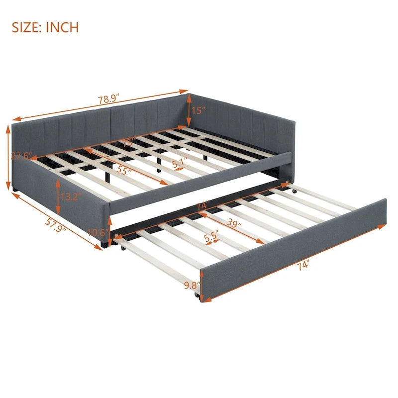 Lit de repos double en lin gris avec lit gigogne