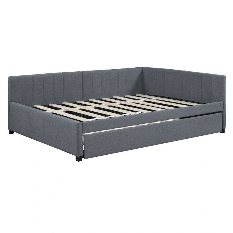 Lit de repos double en lin gris avec lit gigogne