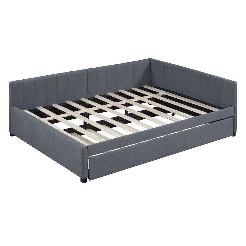Lit de repos double en lin gris avec lit gigogne