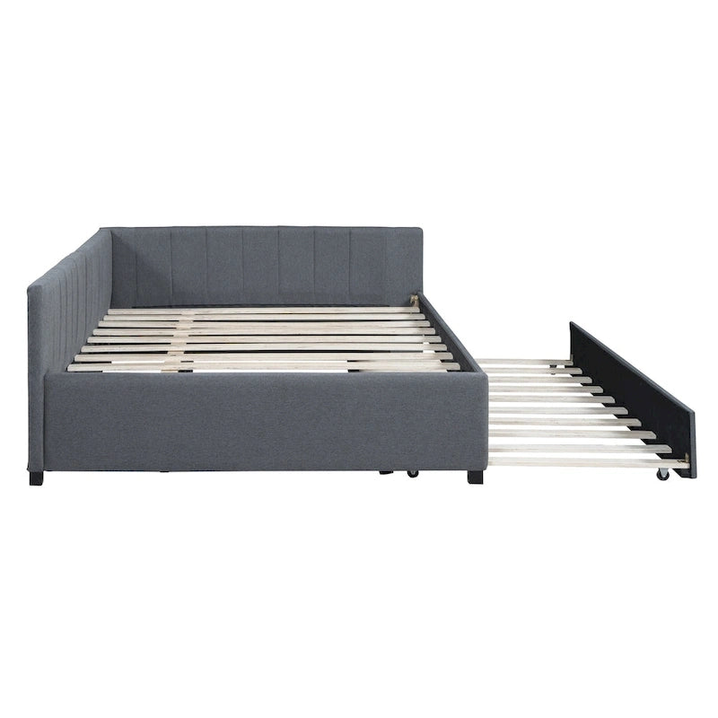 Lit de repos double en lin gris avec lit gigogne