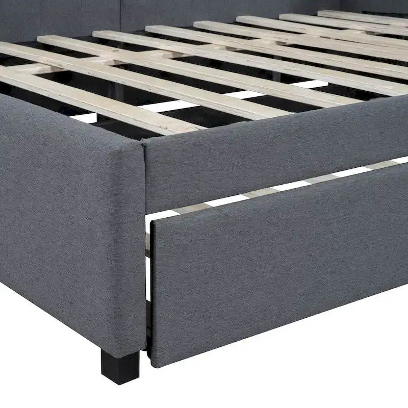 Lit de repos double en lin gris avec lit gigogne