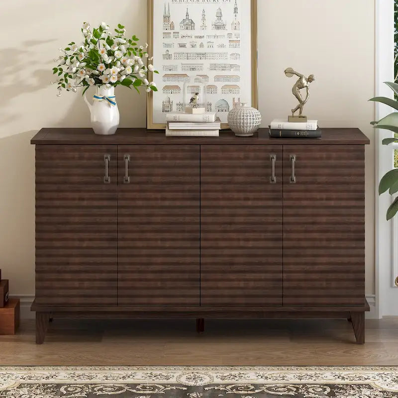 Retro Style 4-Door Sideboard with Adjustable Shelves and Metal Handles for Kitchen, Living Room, Dining Room