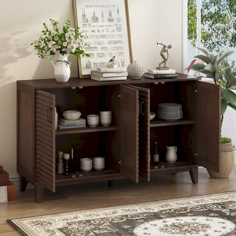 Retro Style 4-Door Sideboard with Adjustable Shelves and Metal Handles for Kitchen, Living Room, Dining Room