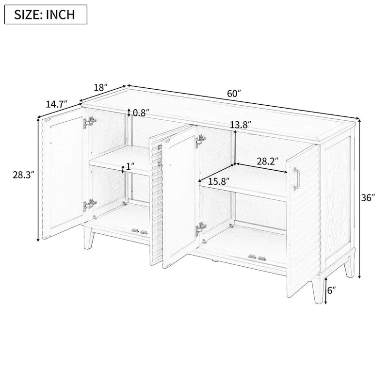 Retro Style 4-Door Sideboard with Adjustable Shelves and Metal Handles for Kitchen, Living Room, Dining Room