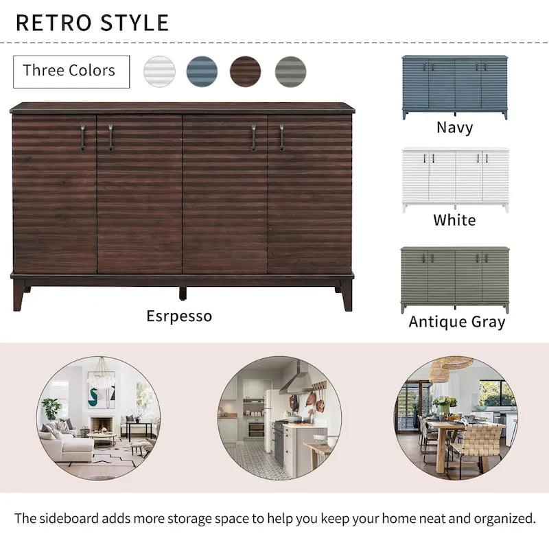 Retro Style 4-Door Sideboard with Adjustable Shelves and Metal Handles for Kitchen, Living Room, Dining Room