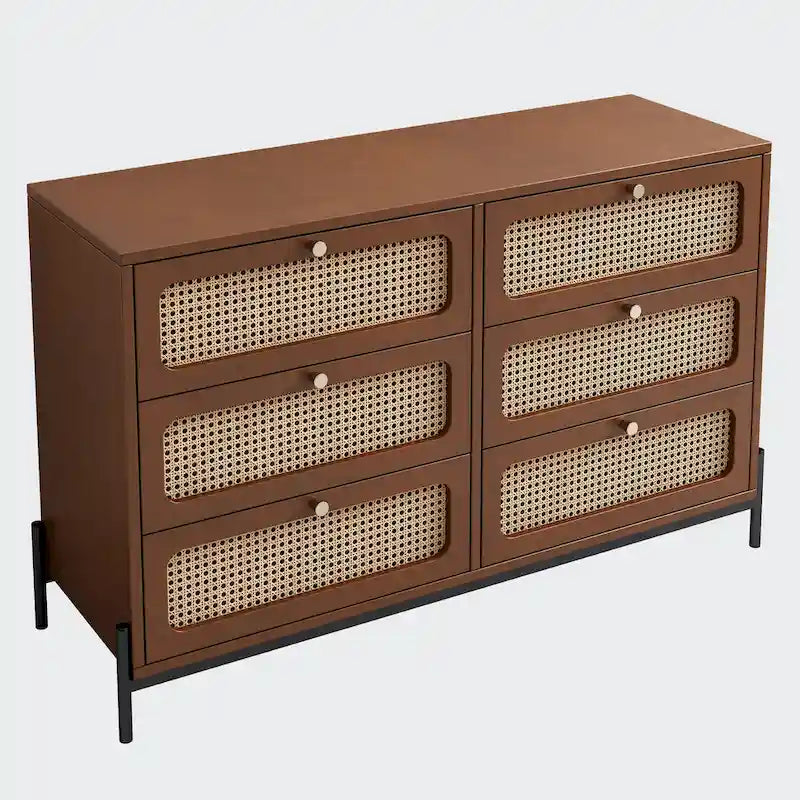 Commode 6 tiroirs en bois de rotin