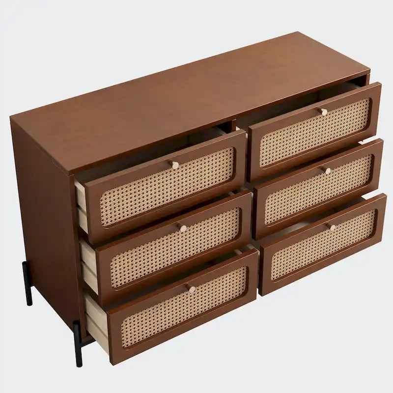 Commode 6 tiroirs en bois de rotin