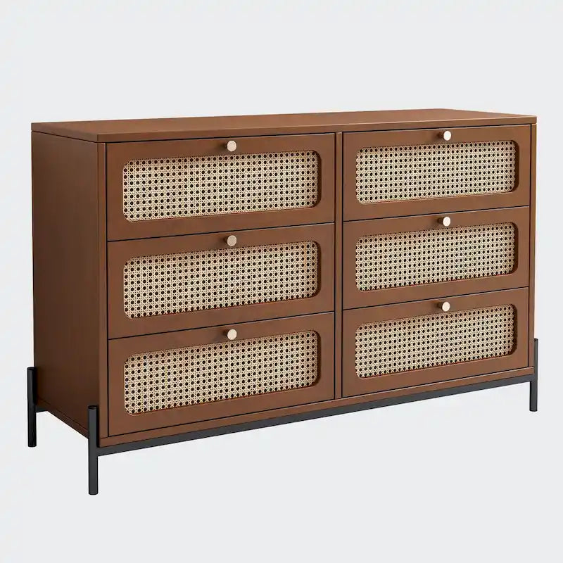 Commode 6 tiroirs en bois de rotin