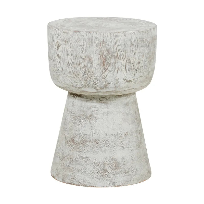Round Solid Teak Wood Whitewash Pedestal Accent Table