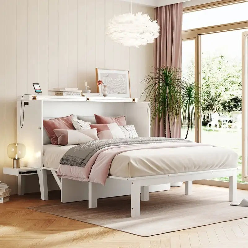Queen Size Murphy Bed Chest with Desk, USB Port,Removable Shelves on Each Side