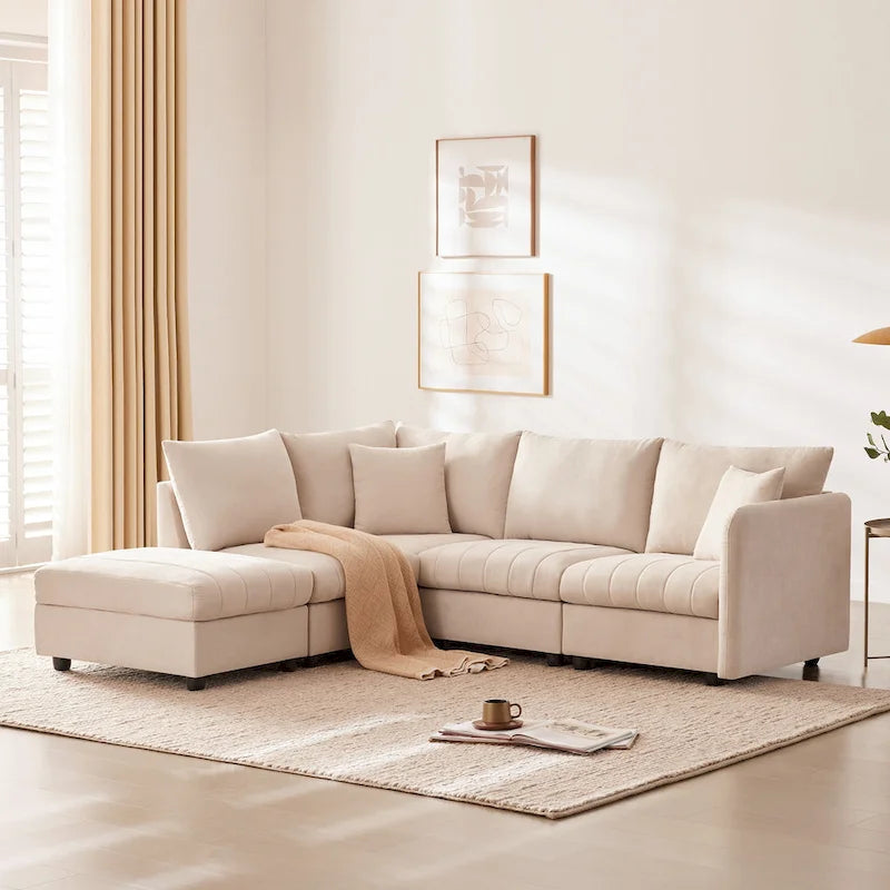 [VIDEO provided][New]89*79Modern Sectional Sofa with Vertical Stripes,2 Pillows,5-Seat Couch with Convertible Ottoman,Various C