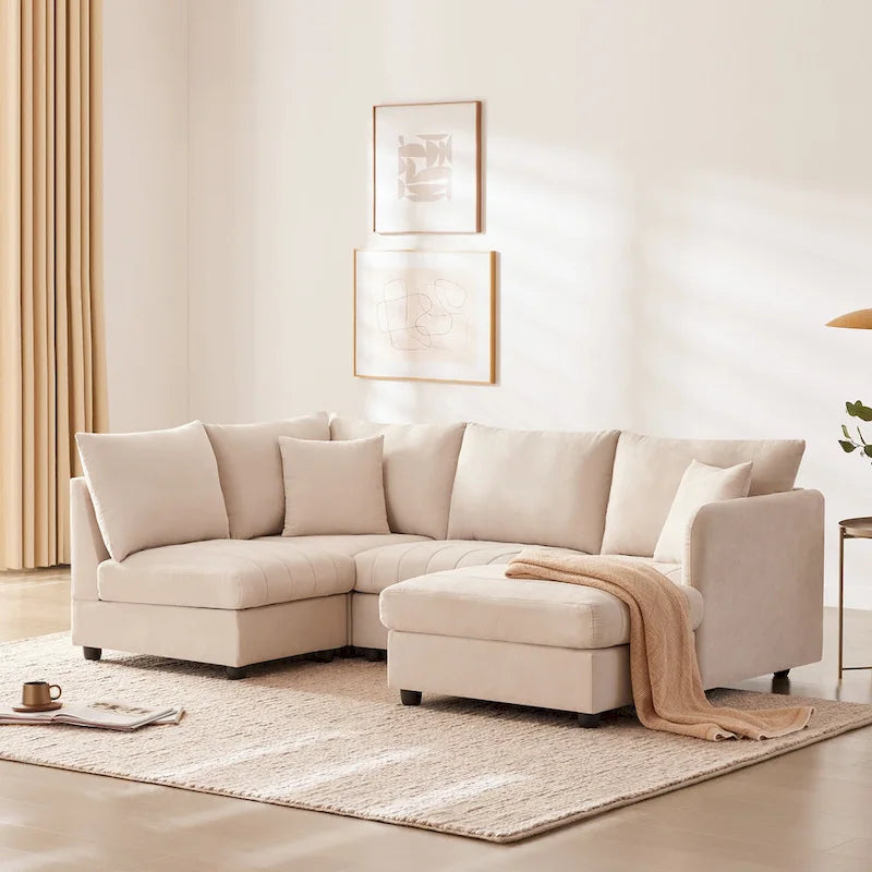 Canapé d'angle moderne 89*79 avec rayures verticales, 2 oreillers, canapé 5 places avec pouf convertible, diverses C
