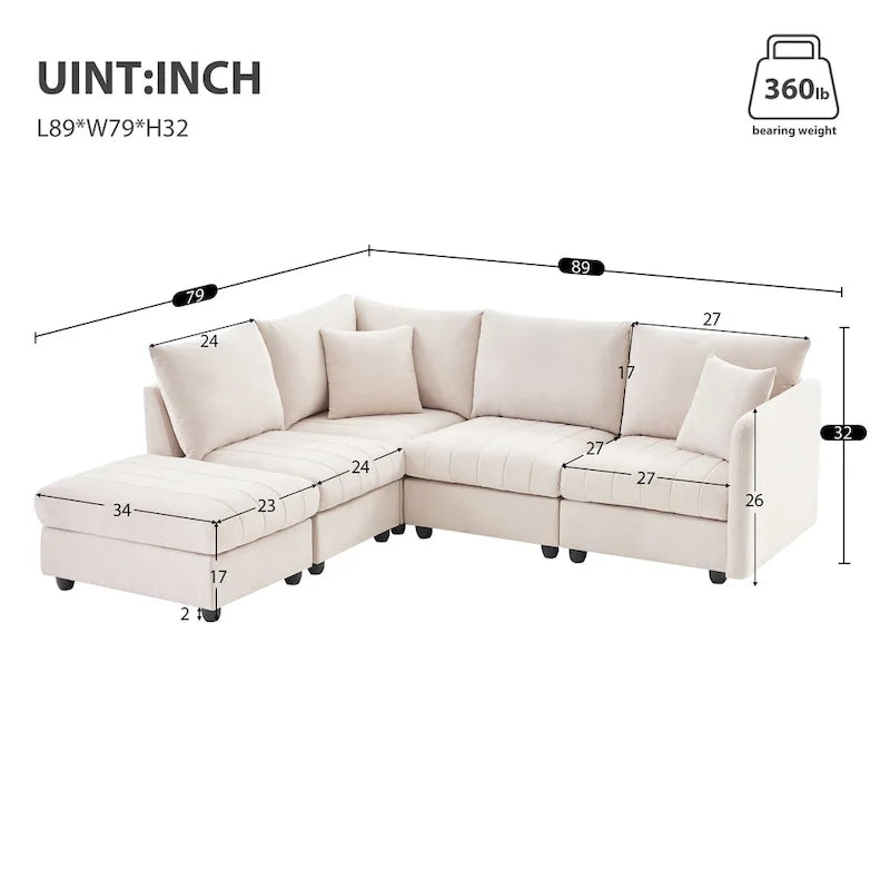 Canapé d'angle moderne 89*79 avec rayures verticales, 2 oreillers, canapé 5 places avec pouf convertible, diverses C