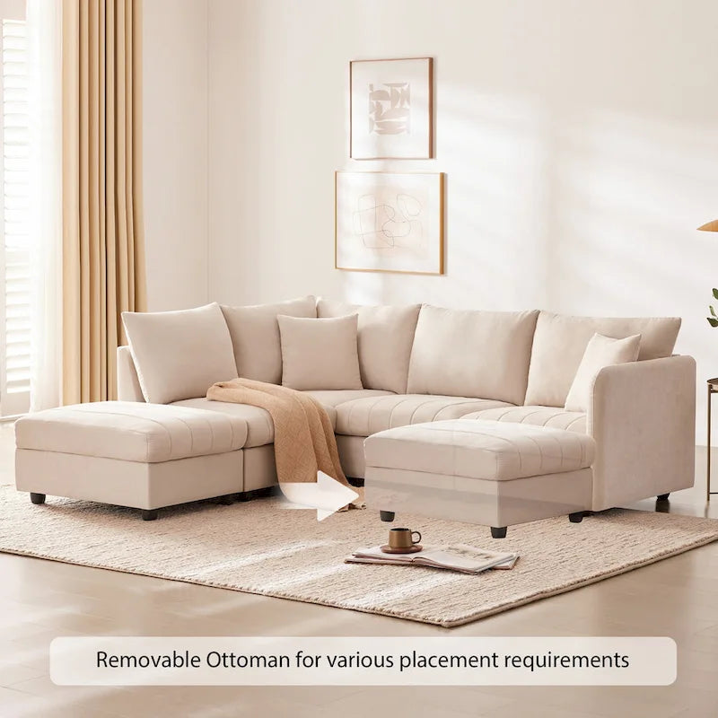 [VIDEO provided][New]89*79Modern Sectional Sofa with Vertical Stripes,2 Pillows,5-Seat Couch with Convertible Ottoman,Various C
