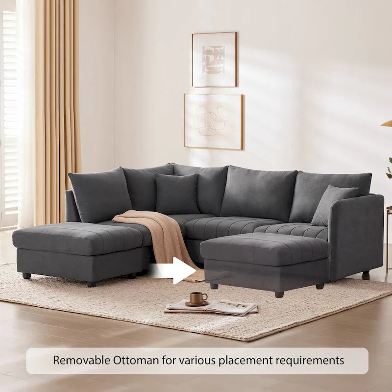 Canapé d'angle moderne 89*79 avec rayures verticales, 2 oreillers, canapé 5 places avec pouf convertible, diverses C