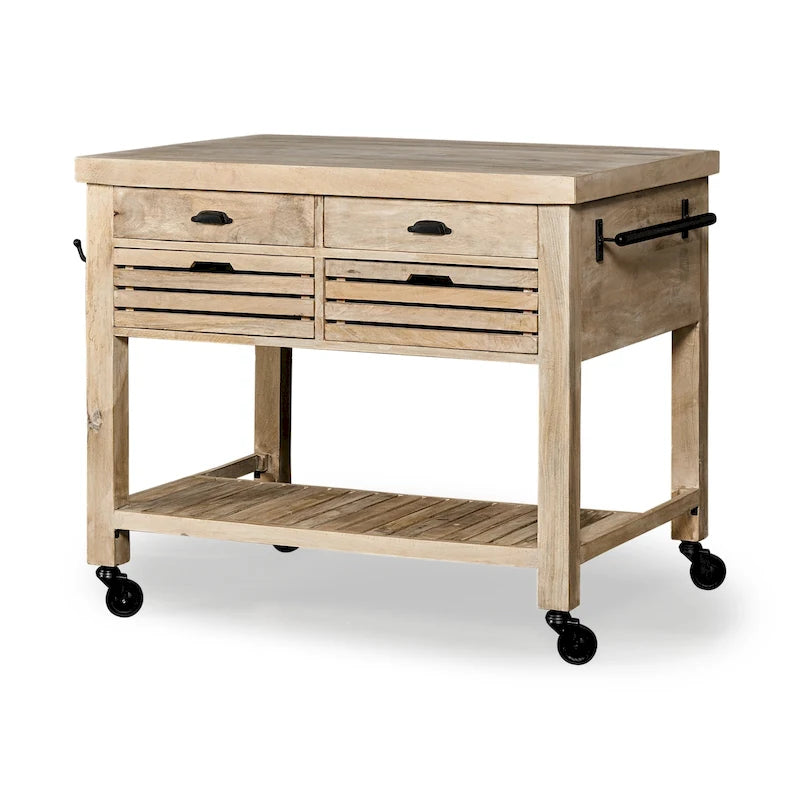 Îlot de cuisine roulant avec base brun clair et fer noir - 46 larg. x 32 prof. x 36 haut.