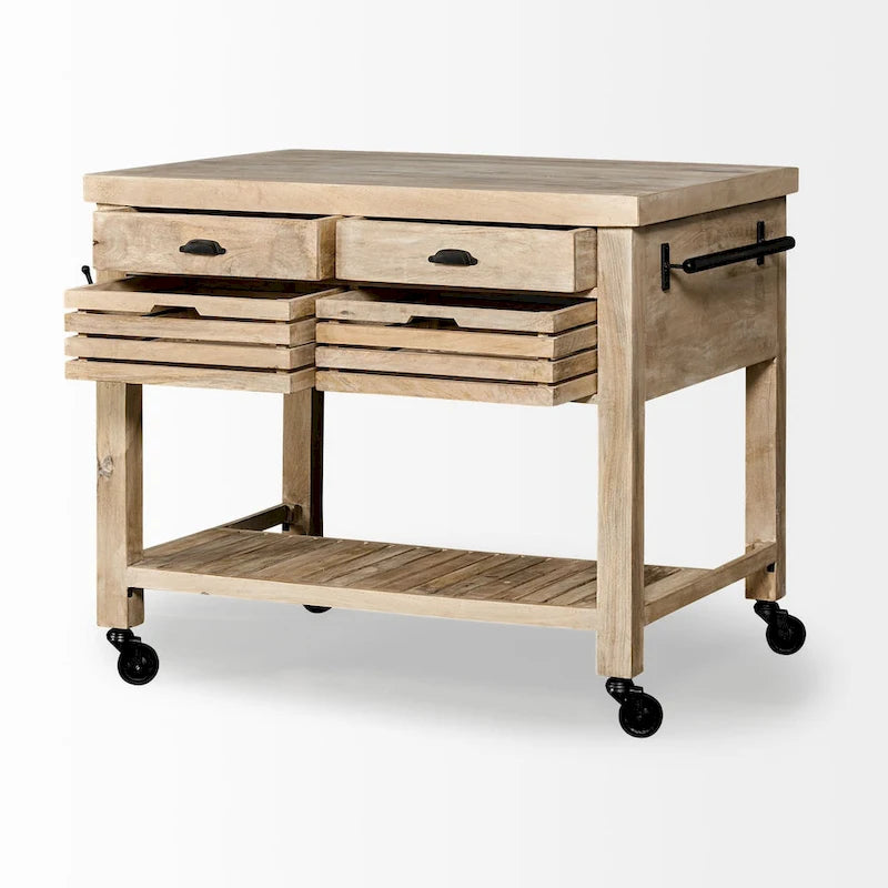 Îlot de cuisine roulant avec base brun clair et fer noir - 46 larg. x 32 prof. x 36 haut.