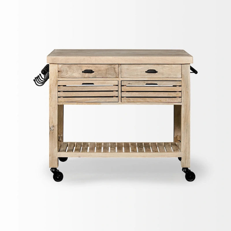Îlot de cuisine roulant avec base brun clair et fer noir - 46 larg. x 32 prof. x 36 haut.
