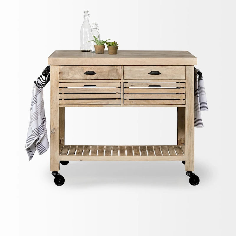 Îlot de cuisine roulant avec base brun clair et fer noir - 46 larg. x 32 prof. x 36 haut.