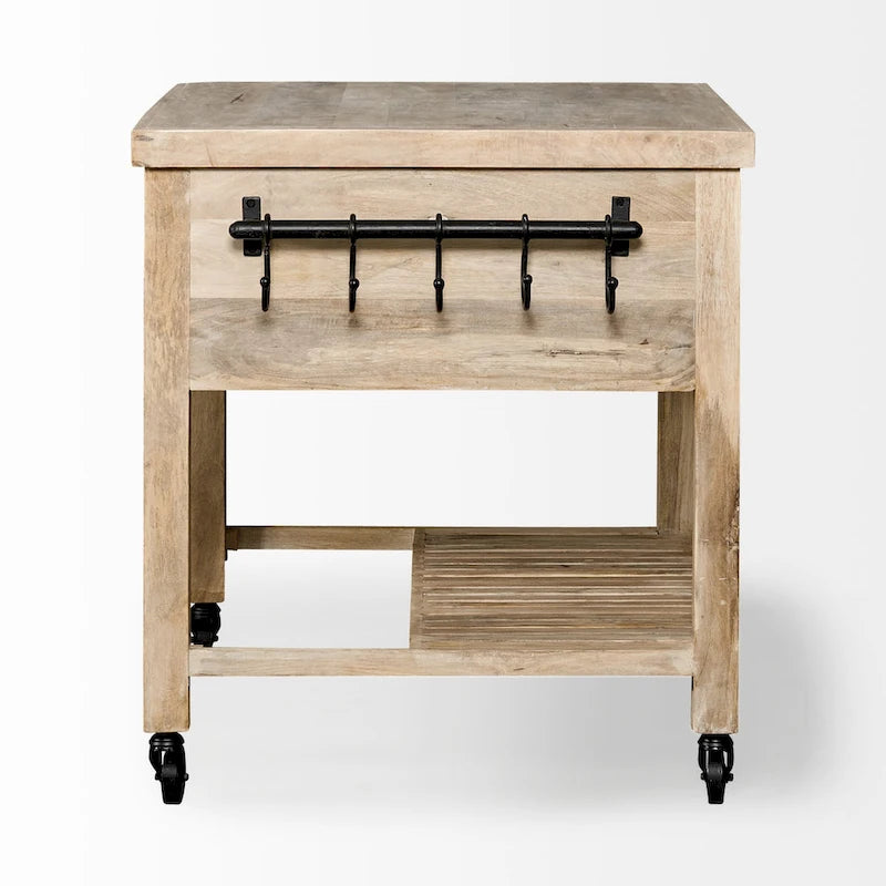 Îlot de cuisine roulant avec base brun clair et fer noir - 46 larg. x 32 prof. x 36 haut.