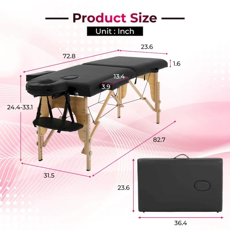 Matthew Black Portable Folding Massage Table with Adjustable Height, Armrests and Respiratory Pillow