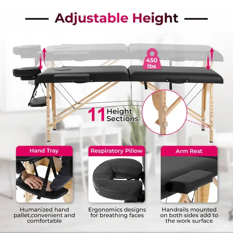 Matthew Black Portable Folding Massage Table with Adjustable Height, Armrests and Respiratory Pillow