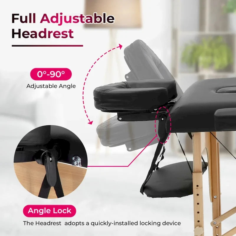 Matthew Black Portable Folding Massage Table with Adjustable Height, Armrests and Respiratory Pillow