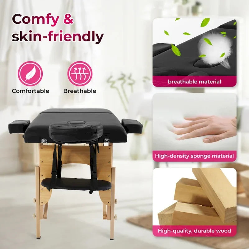 Matthew Black Portable Folding Massage Table with Adjustable Height, Armrests and Respiratory Pillow