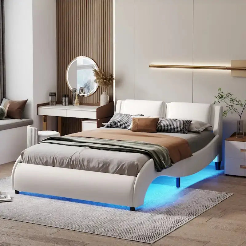 Full Size Upholstered Faux Leather Platform Bed with LED Light Bed Frame with Slatted