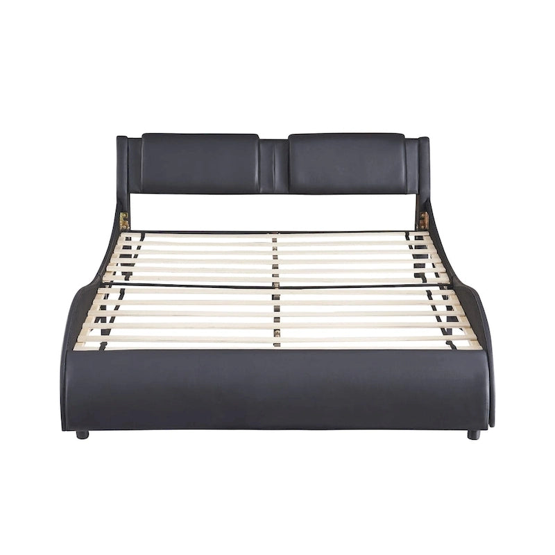 Full Size Upholstered Faux Leather Platform Bed with LED Light Bed Frame with Slatted