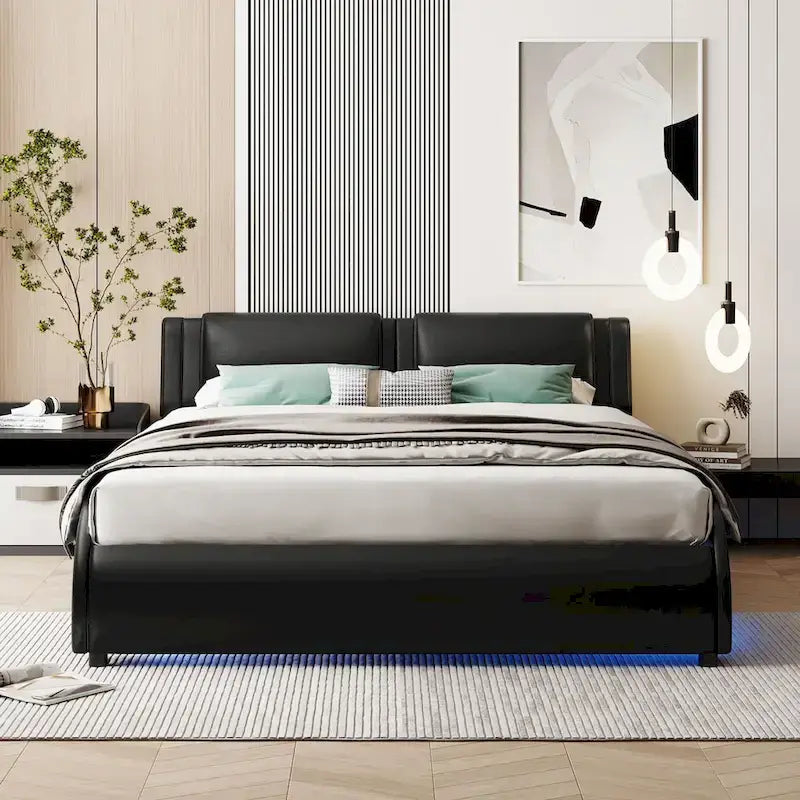 Full Size Upholstered Faux Leather Platform Bed with LED Light Bed Frame with Slatted