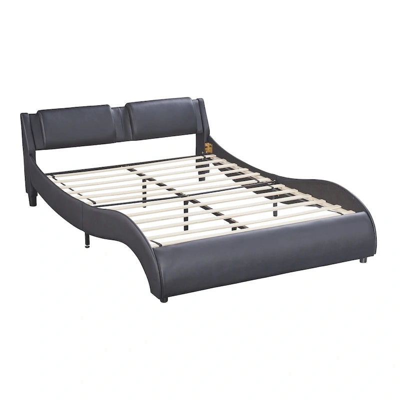 Full Size Upholstered Faux Leather Platform Bed with LED Light Bed Frame with Slatted