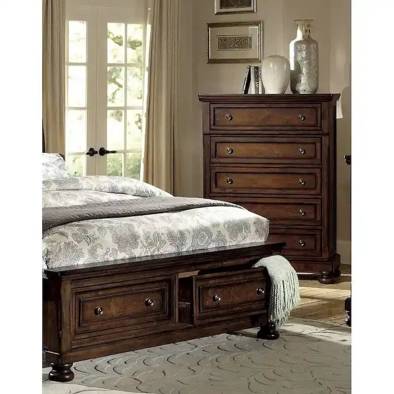 Brown Cherry Finish 3pc Bedroom Set Platform Storage Bed Chest Nightstand