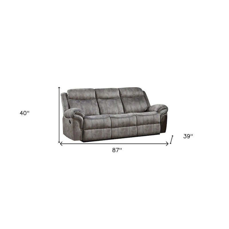 87 Gray Velvet Reclining USB Sofa With Black Legs - 87