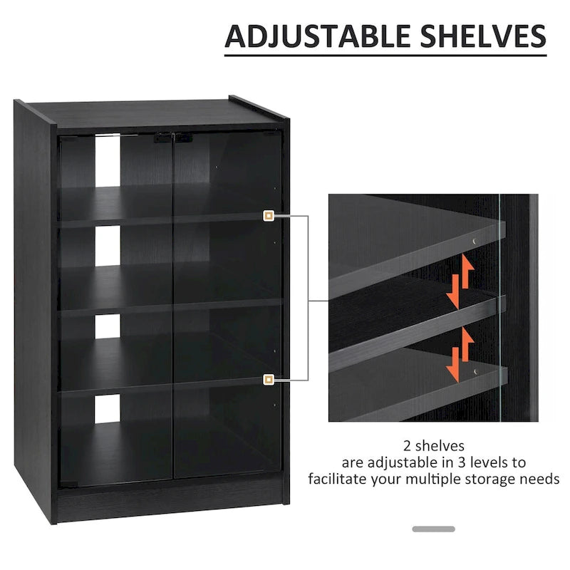 5-Tier Media Stand Cabinet with 3-Level Adjustable Shelves, Tempered Glass Doors, and Cable Management, Distressed Black