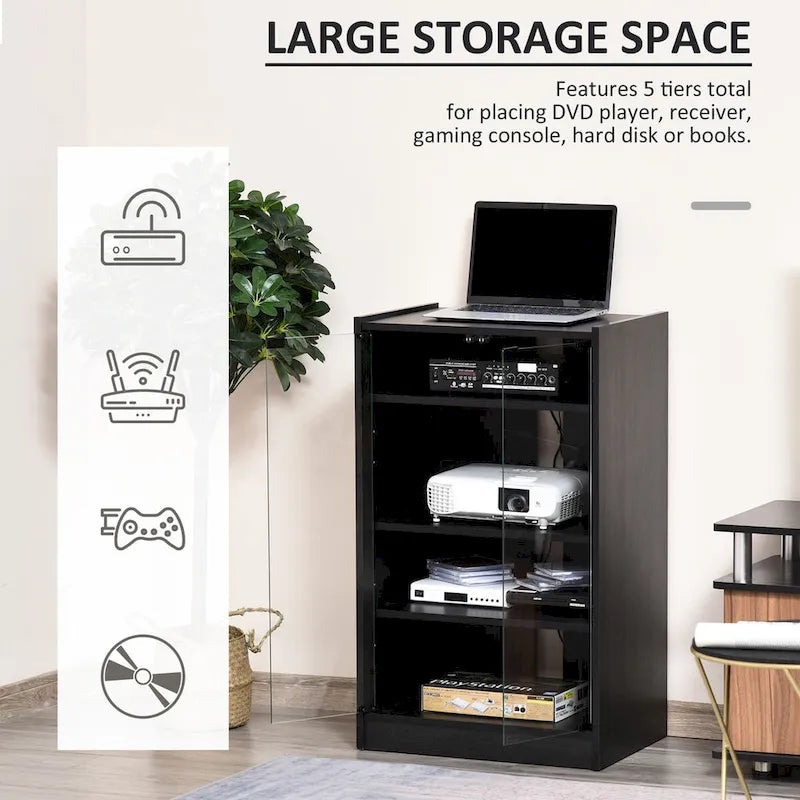 5-Tier Media Stand Cabinet with 3-Level Adjustable Shelves, Tempered Glass Doors, and Cable Management, Distressed Black
