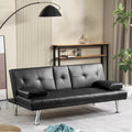 PU Upholstered Modern Convertible Folding Futon Sofa Bed Removable Armrests, Metal Legs, with 2 Cupholders