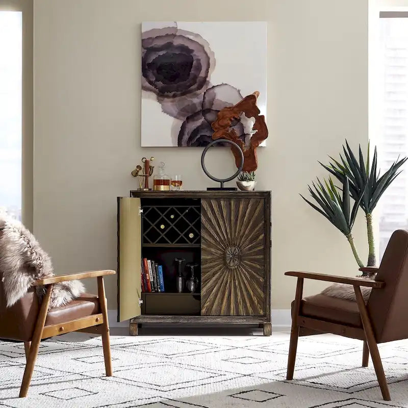 Meuble d'appoint 2 portes pour le vin, style chêne vieilli