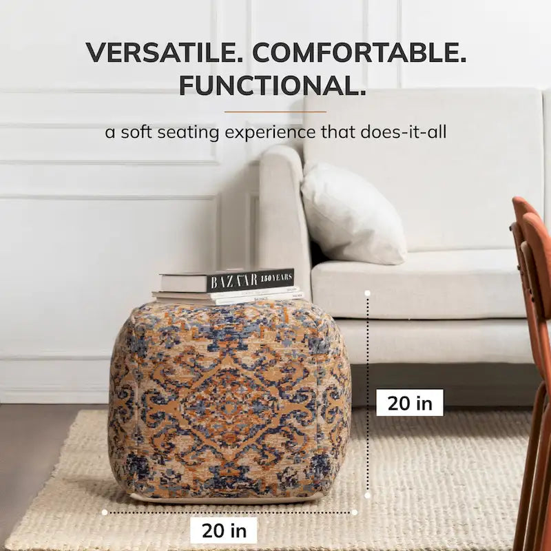 20-inch Multicolor Square Orange Pouf Ottoman - Handmade Footrest for Living Room, Bedroom, Patio