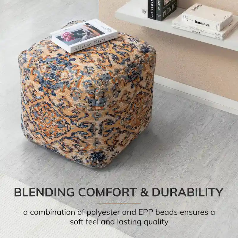 20-inch Multicolor Square Orange Pouf Ottoman - Handmade Footrest for Living Room, Bedroom, Patio