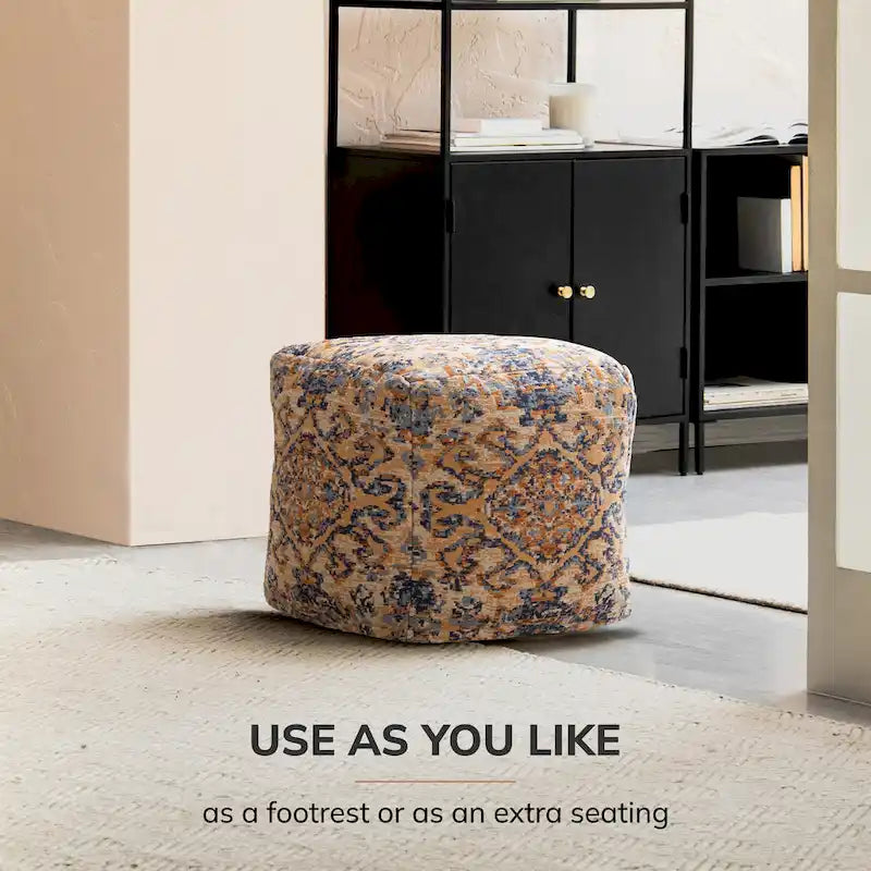 Pouf ottoman carré orange multicolore de 20 pouces - Repose-pieds fait main pour salon, chambre, patio